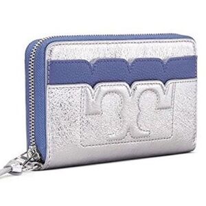 Tory Burch Scallop T Metallic silver and blue Wristlet Clutch